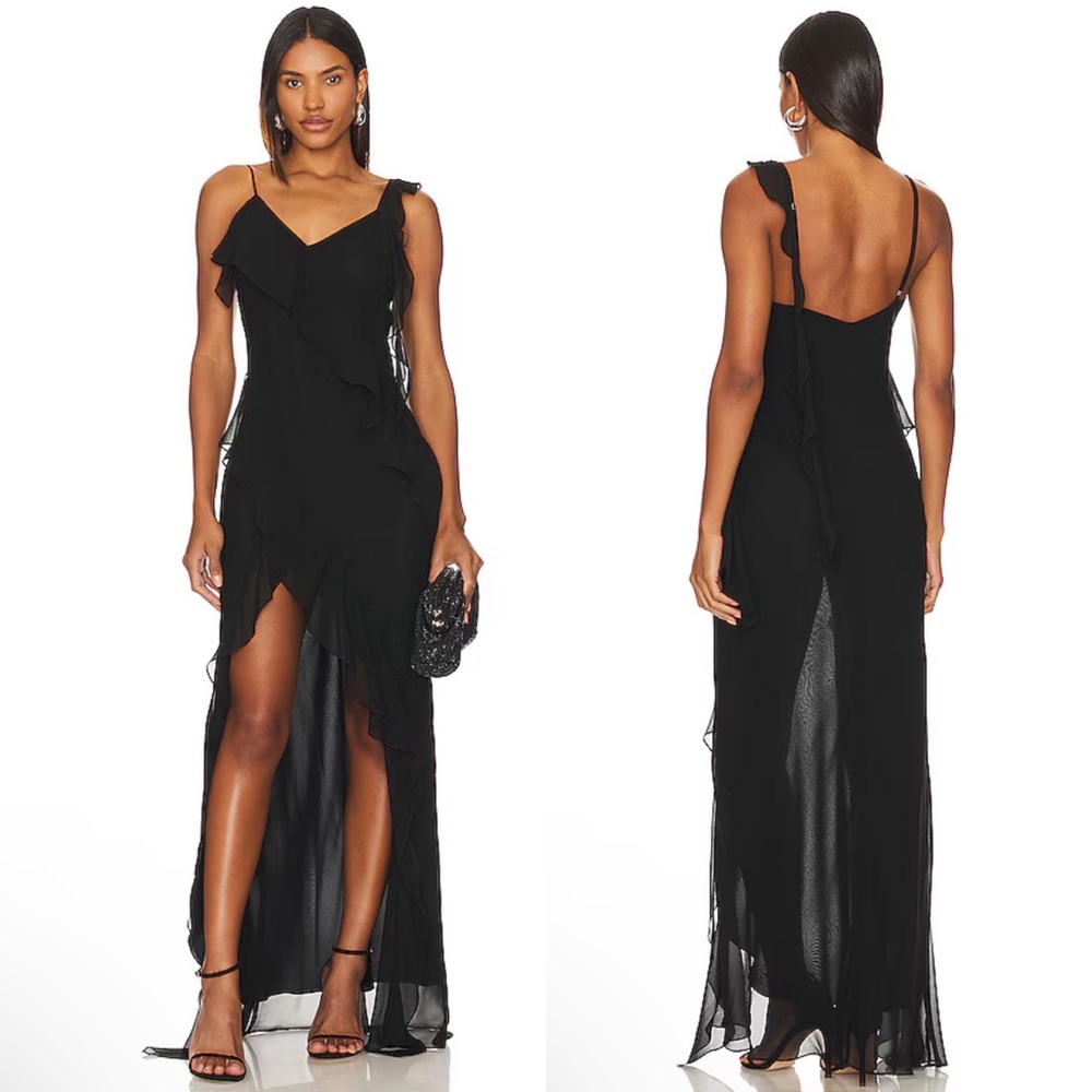 Amanda Uprichard Cassilda Silk Ruffle Chiffon Maxi Gown In Black